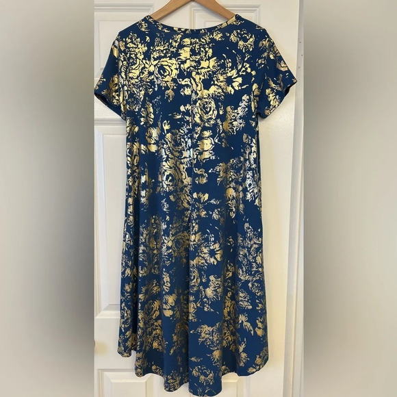 LuLaRoe Carly Dress Blue with Metallic Gold Floral Design Size Small - Picture 3 of 11